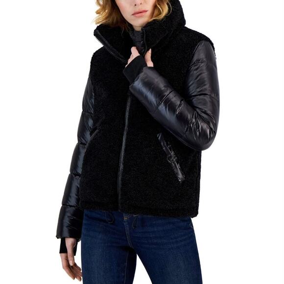 S13 Women Westside Mixed Media Coat XXL Black Sherpa Fleece Puffer Winter Jacket - Picture 1 of 16